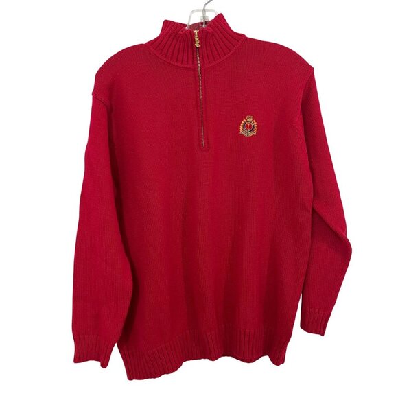 Vintage Lauren Ralph Lauren Red Quarter Zip Pullover Sweater Crest - Size Medium - Picture 1 of 6